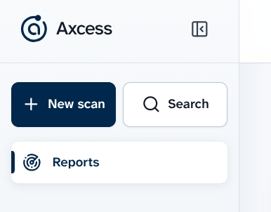The top of the Axcess sidebar. The dark blue New scan button, with a plus sign, is on the left, beside Search. Reports is below them.